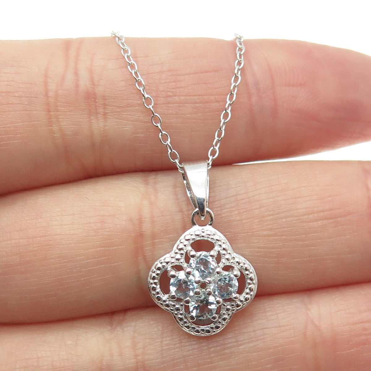 925 Sterling Silver Real Blue Topaz Flower Pendant Cable Chain Necklace 18"