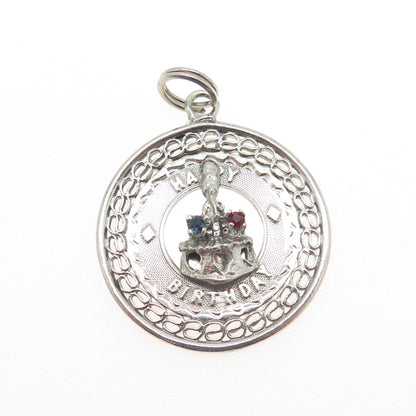925 Sterling Silver Vintage Rhinestone "Happy Birthday" Cake Charm Pendant