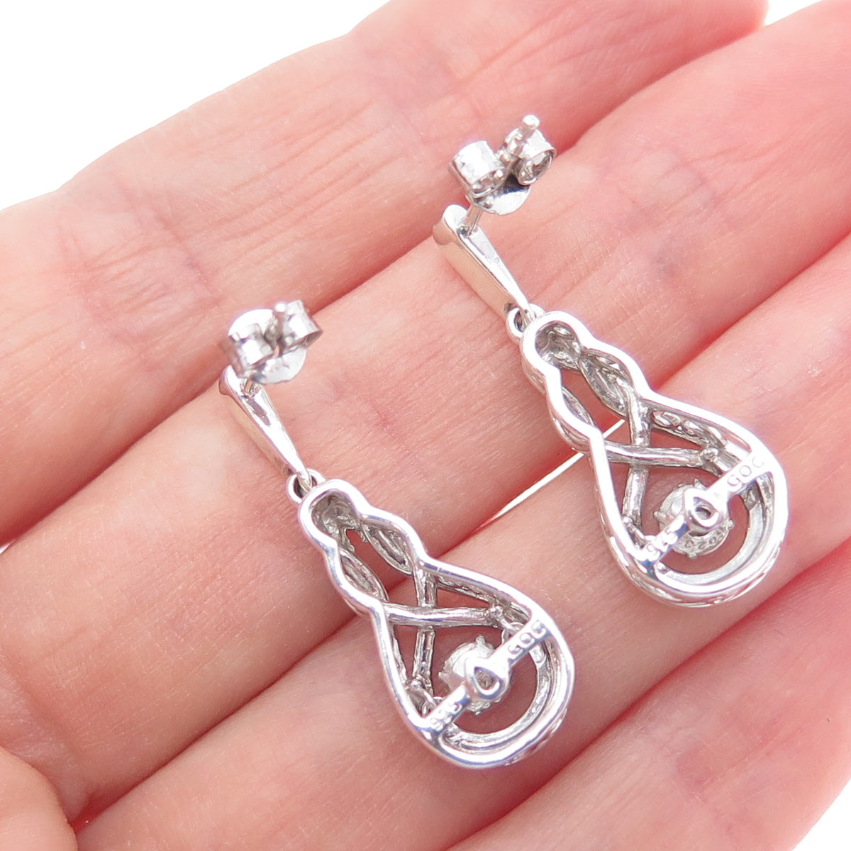 925 Sterling Silver Real Round-Cut Diamond Knot Dangle Earrings