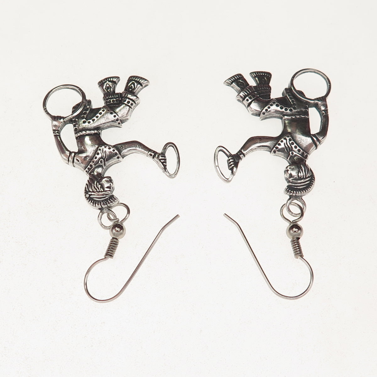 925 Sterling Silver Vintage Mayan Hoop Game Playing Men Oxidized Dangle Earrings