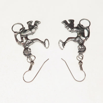 925 Sterling Silver Vintage Mayan Hoop Game Playing Men Oxidized Dangle Earrings