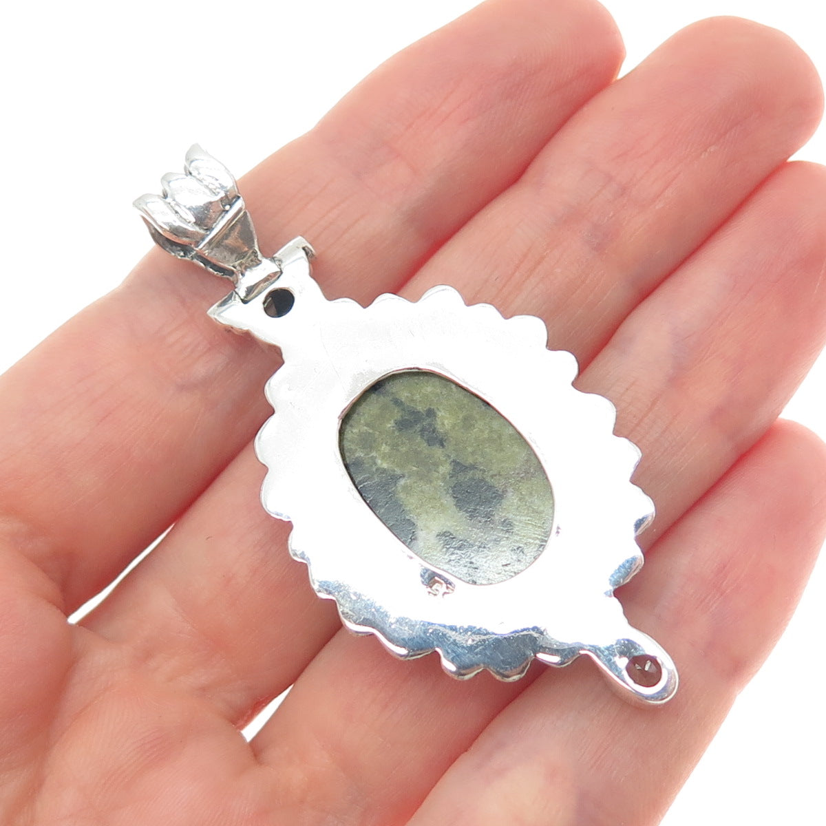 925 Sterling Silver Vintage Real Serpentine & Blue Topaz Charm Pendant