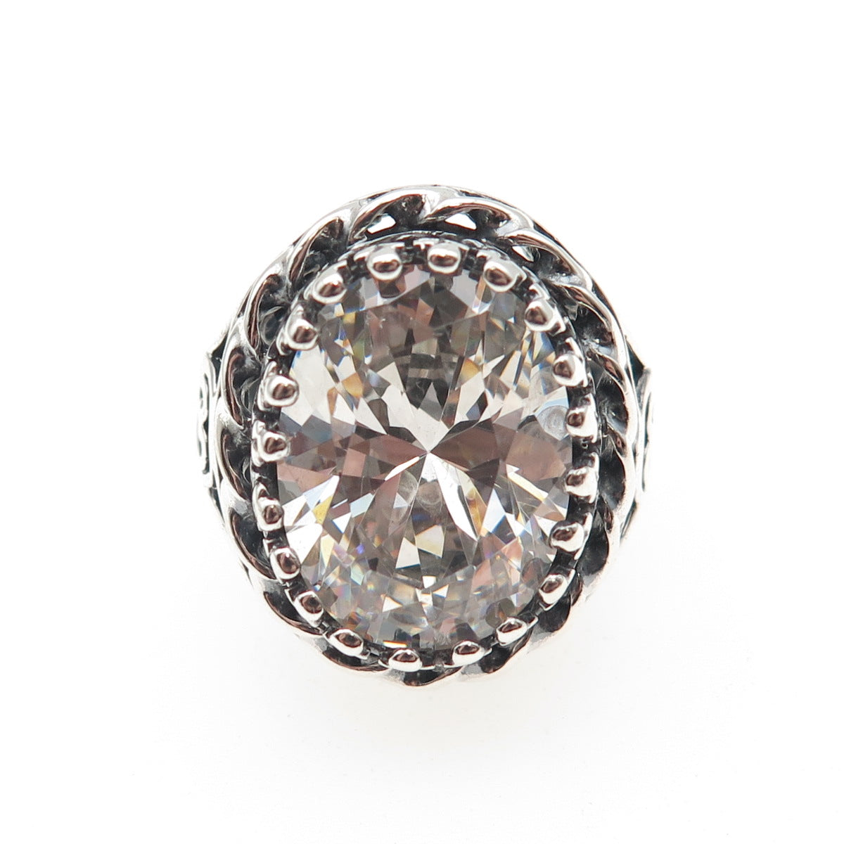 CLYDE DUNEIER 925 Sterling Silver Vintage Oval-Cut C Z Oxidized Ring Size 6.5