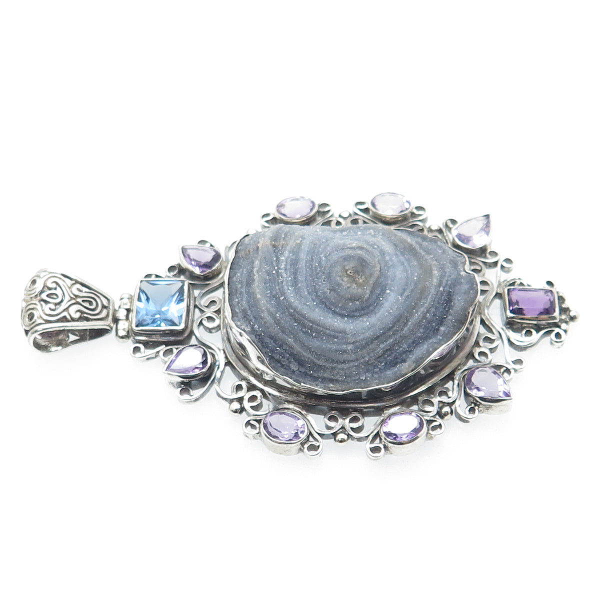 925 Sterling Silver Real Asote Druzy Amethyst Swiss Blue Topaz Gemstone Pendant