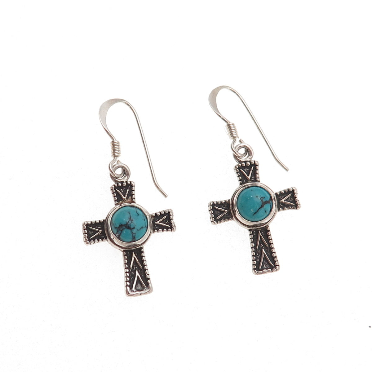 925 Sterling Silver Vintage Real Turquoise Cross Oxidized Dangle Earrings
