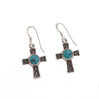 925 Sterling Silver Vintage Real Turquoise Cross Oxidized Dangle Earrings