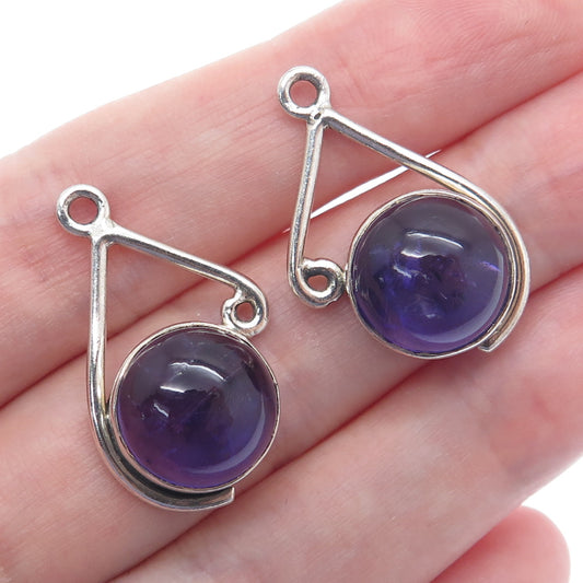 925 Sterling Silver Vintage Real Amethyst Modernist Jacket Earrings