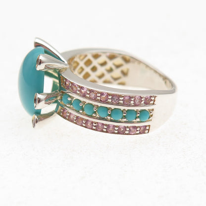 925 Sterling Silver Real Turquoise Pink Topaz & Sapphire Ring Size 8