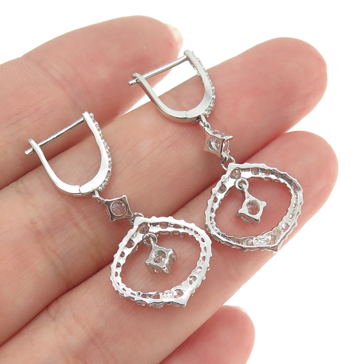 925 Sterling Silver Round-Cut Shaped C Z Dangling Earrings