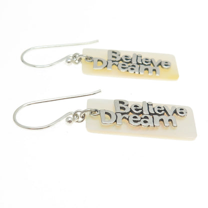 925 Sterling Silver Real Mother-of-Pearl "Believe Dream" Dangling Earrings