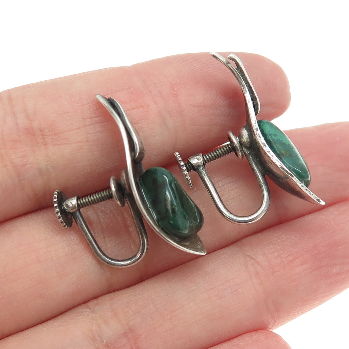 925 Sterling Silver Antique Art Deco Real Malachite Claw Screw Back Earrings