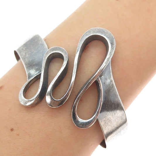 925 Sterling Silver Vintage Modernist Wavy Oxidized Adjustable Bracelet 6.25"