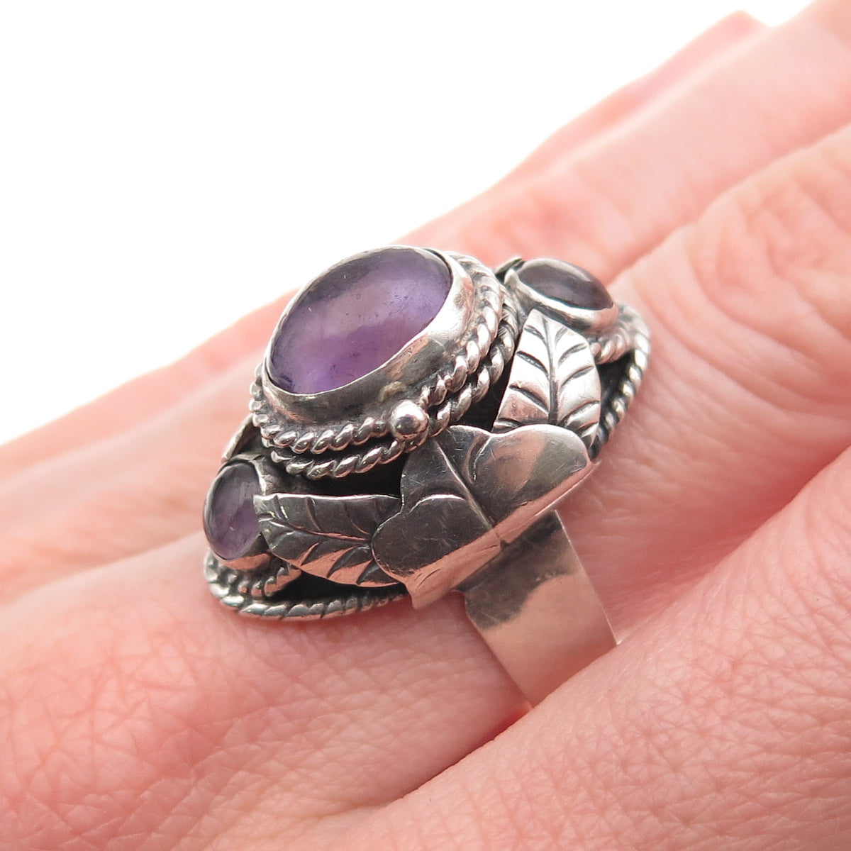 925 Sterling Silver Vintage Mexico Real Amethyst Adjustable Poison Ring Size 7.5