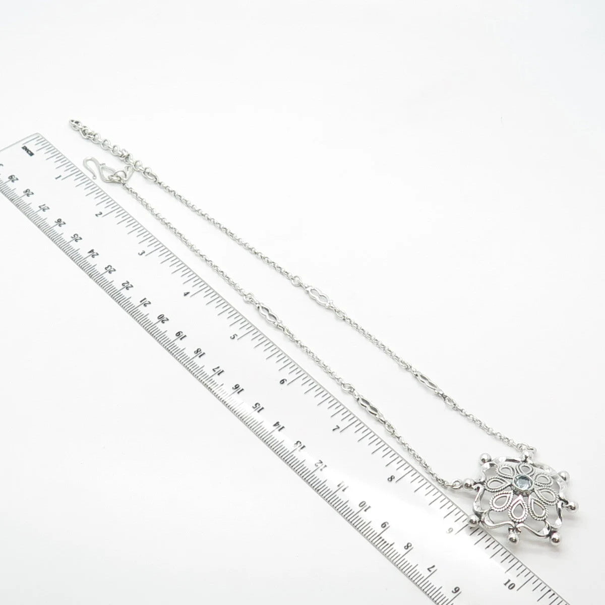 925 Sterling Silver Blue Topaz Gem Ornate Pendant Rolo Chain Necklace 18"