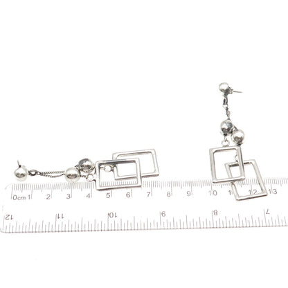 925 Sterling Silver Vintage Modernist Ball Beaded Frame Dangle Earrings