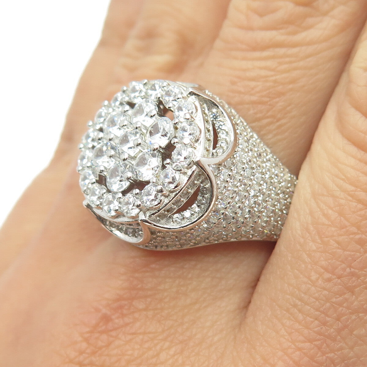 925 Sterling Silver Pave C Z Domed Ring Size 11