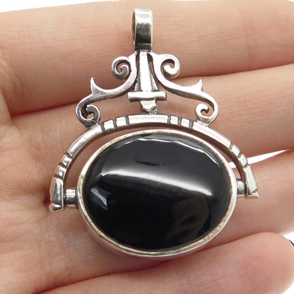 925 Sterling Silver Vintage Mother-of-Pearl & Black Onyx Gem Reversible Pendant