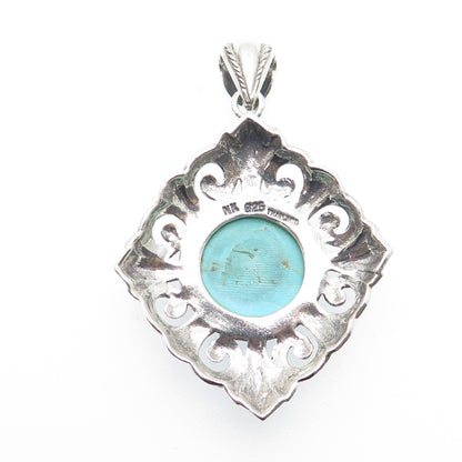 NK SILVER 925 Sterling Silver Vintage Real Cabochon Turquoise Ornate Pendant