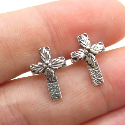 WHEELER MFG CO. 925 Sterling Silver Vintage Floral Leaf Cross Stud Earrings