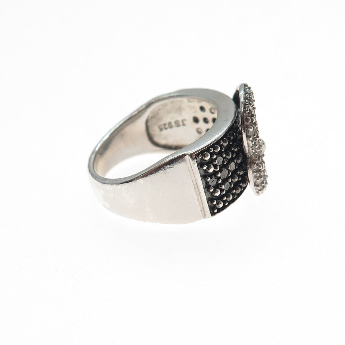 J. STELLA 925 Sterling Silver Real Black & White Diamond Buckle Ring Size 6.25
