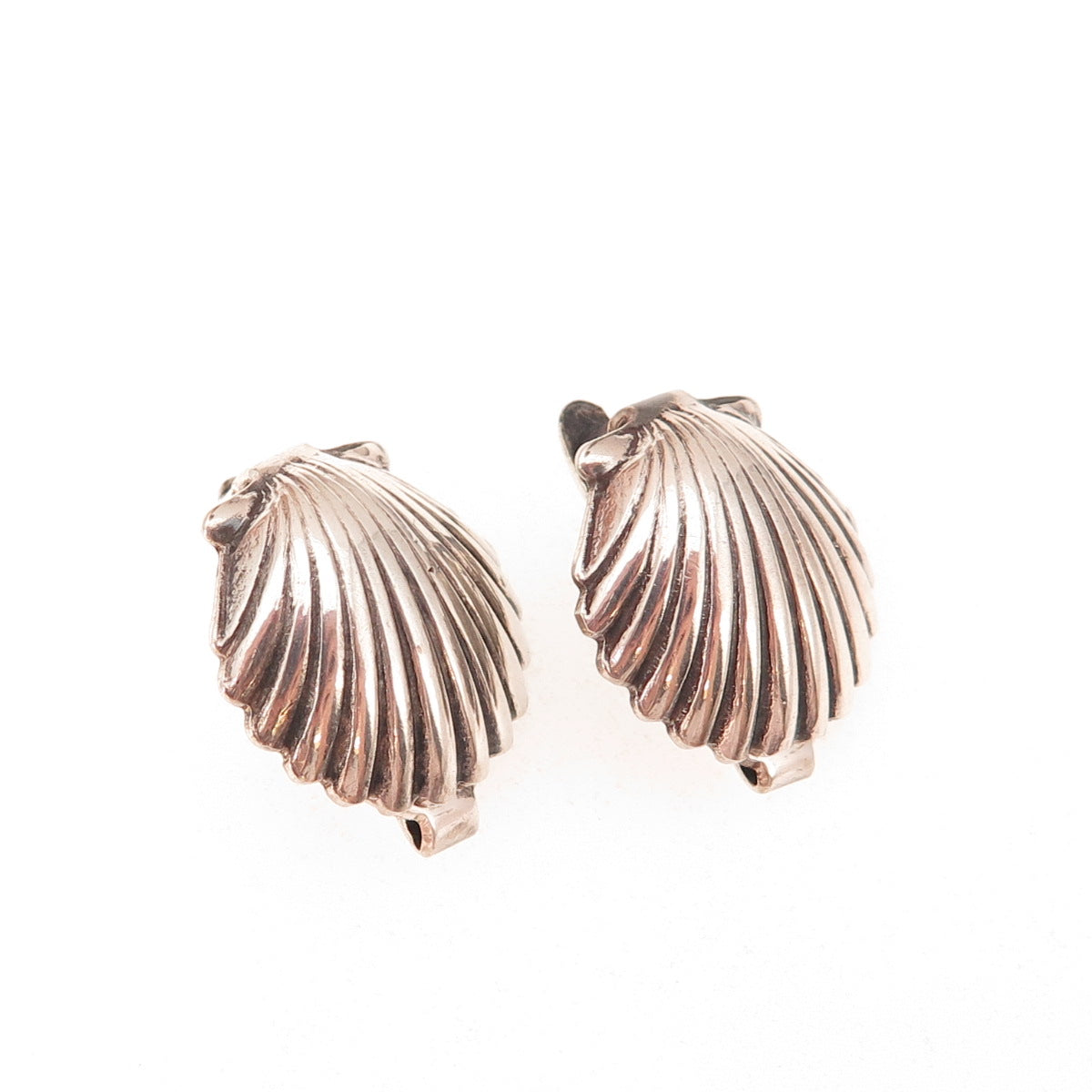 925 Sterling Silver Antique Art Deco Seashell Oxidized Clip On Earrings