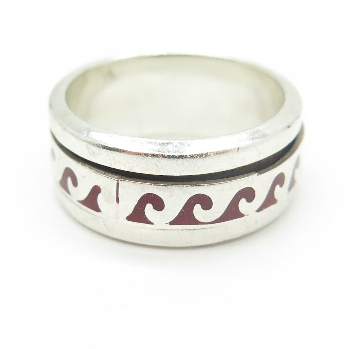 925 Sterling Silver Vintage Mexico Enamel Water Pattern Band Ring Size 10.5