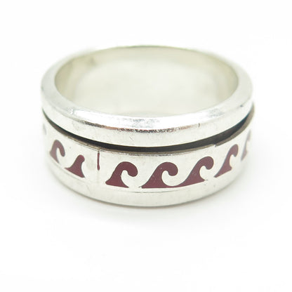 925 Sterling Silver Vintage Mexico Enamel Water Pattern Band Ring Size 10.5