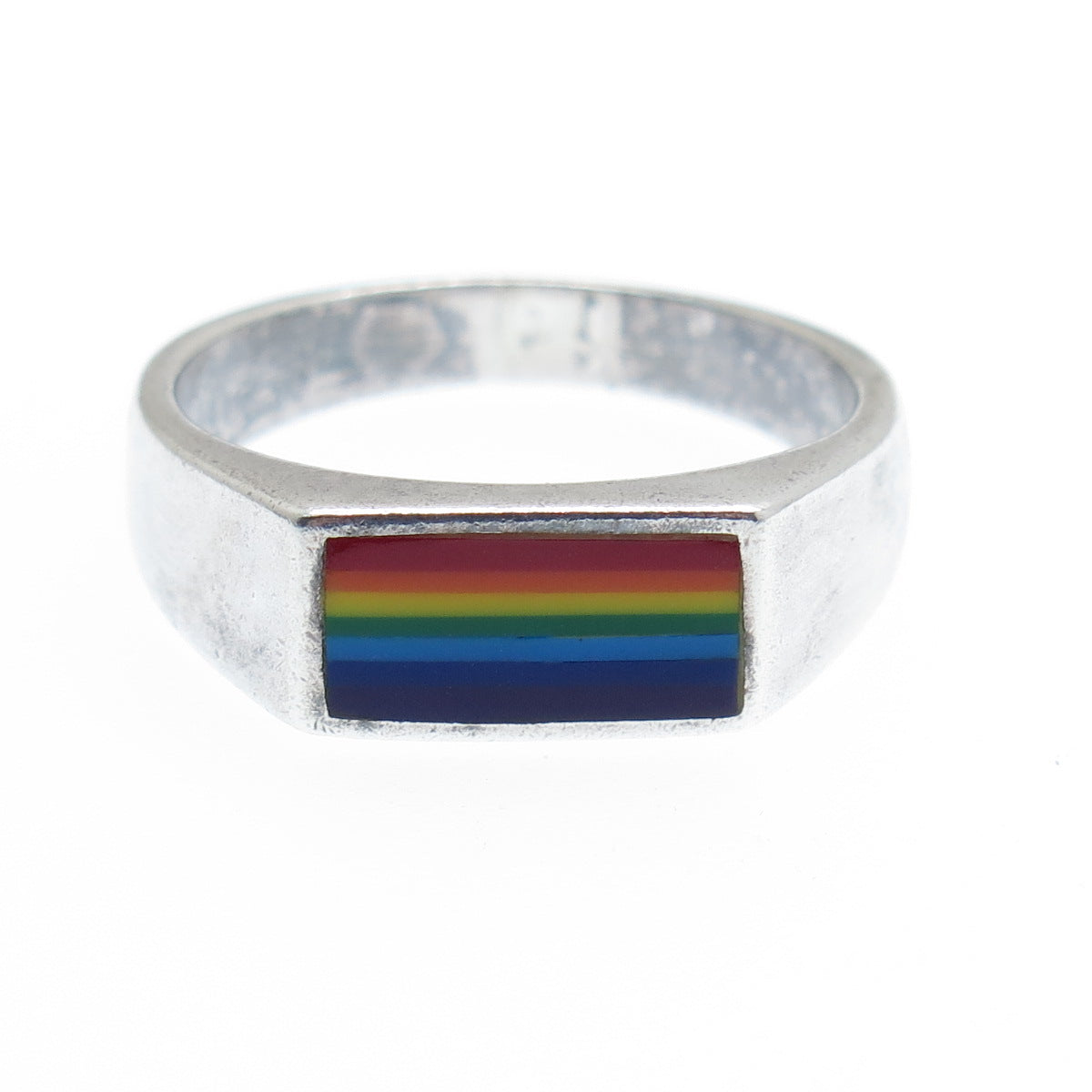 925 Sterling Silver Vintage Enamel Rainbow Signet Oxidized Ring Size 9