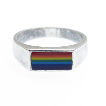 925 Sterling Silver Vintage Enamel Rainbow Signet Oxidized Ring Size 9