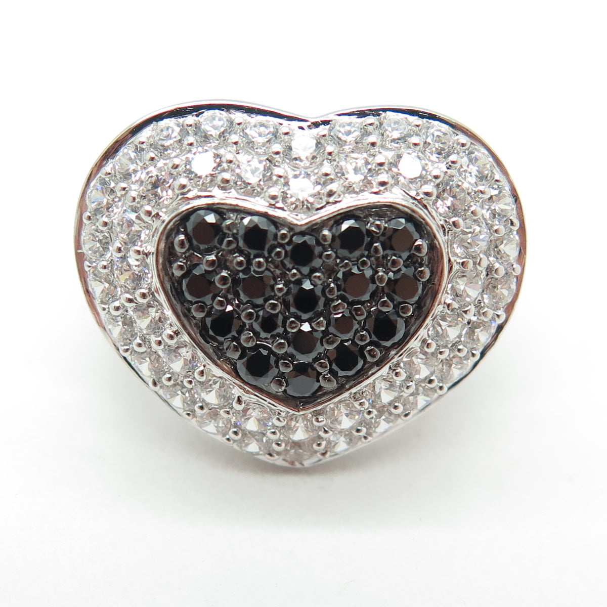 925 Sterling Silver Real Round-Cut Black Spinel & C Z Heart Ring Size 7.5