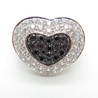 925 Sterling Silver Real Round-Cut Black Spinel & C Z Heart Ring Size 7.5