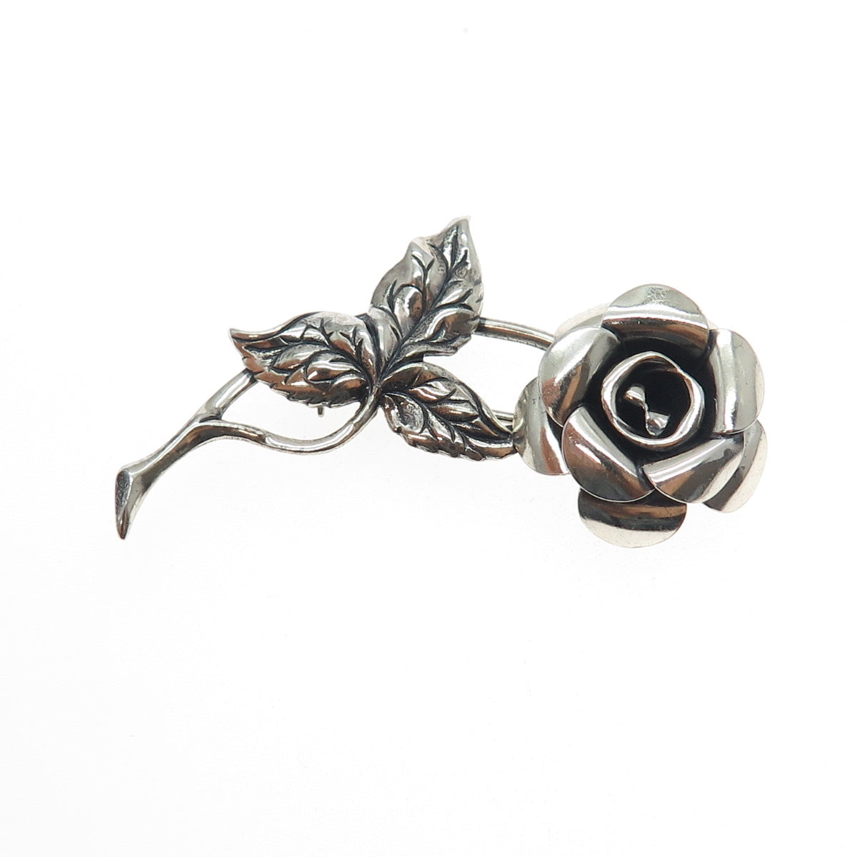 BEAU 925 Sterling Silver Vintage Rose Flower Oxidized Pin Brooch