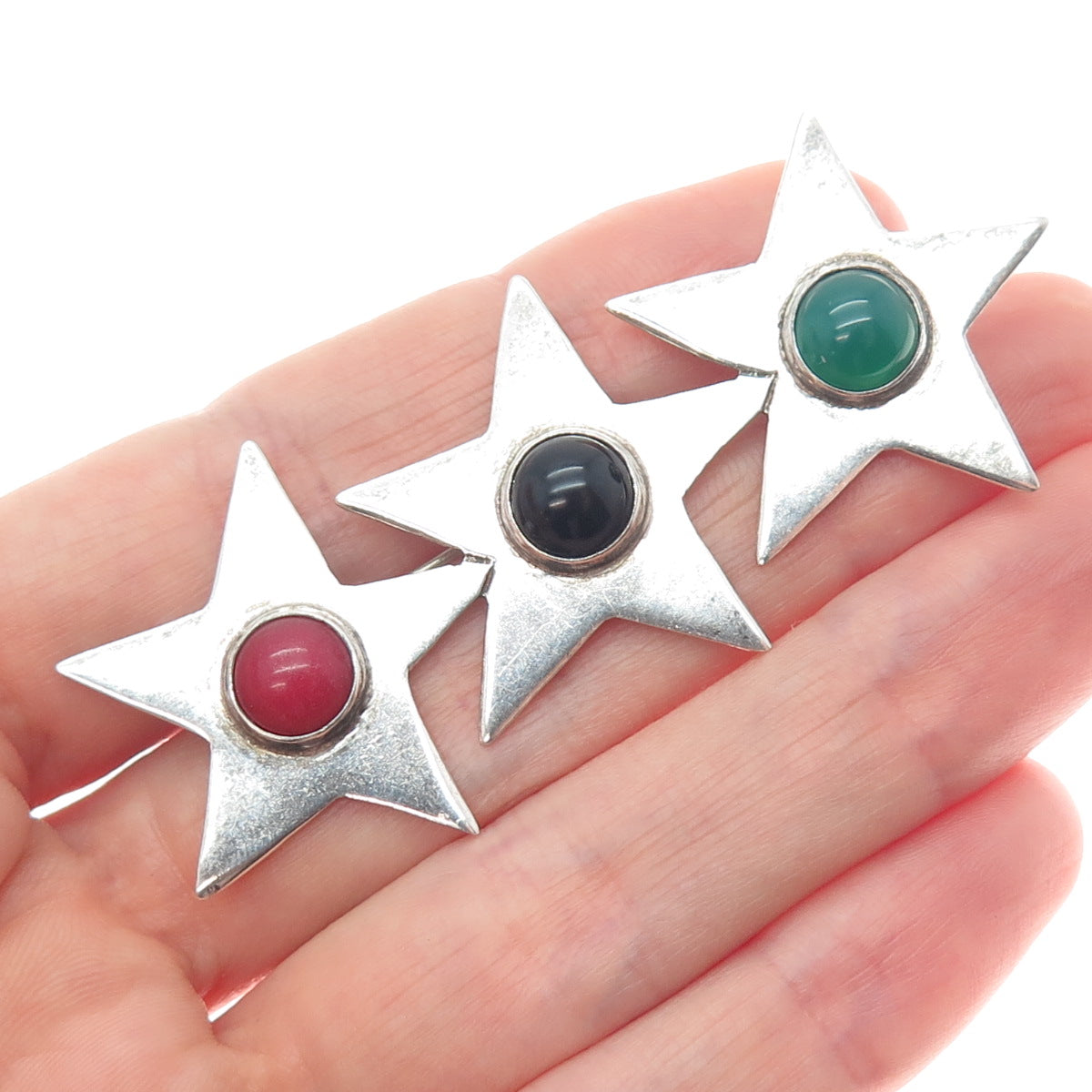 925 Sterling Silver Vintage Mexico Real Black Green & Red Onyx Star Pin Brooch
