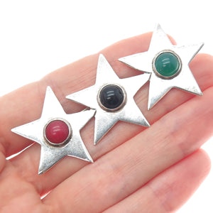 925 Sterling Silver Vintage Mexico Real Black Green & Red Onyx Star Pin Brooch