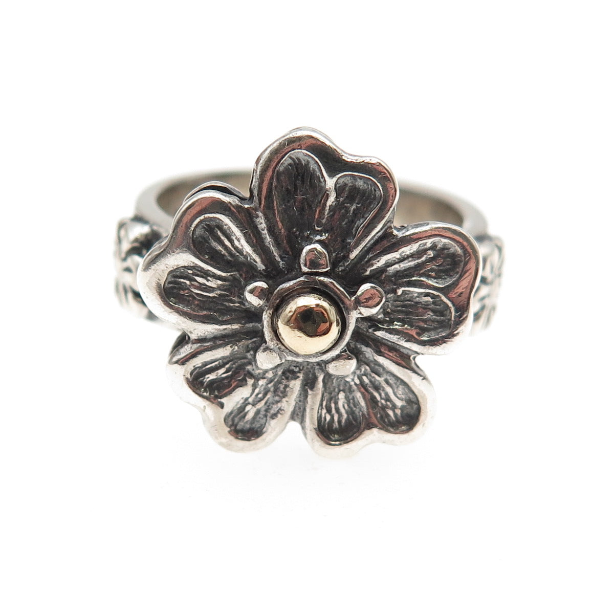 925 Sterling Silver 14K Gold Vintage Israel Flower Oxidized Ring Size 6