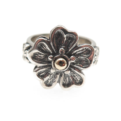 925 Sterling Silver 14K Gold Vintage Israel Flower Oxidized Ring Size 6