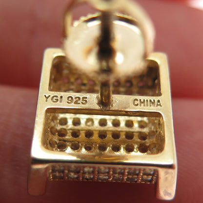 925 Sterling Silver Gold Plated Round-Cut C Z Square Stud Earrings