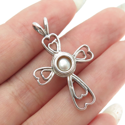 KABANA 925 Sterling Vintage Real Pearl Interchangeable Cage Heart Cross Pendant