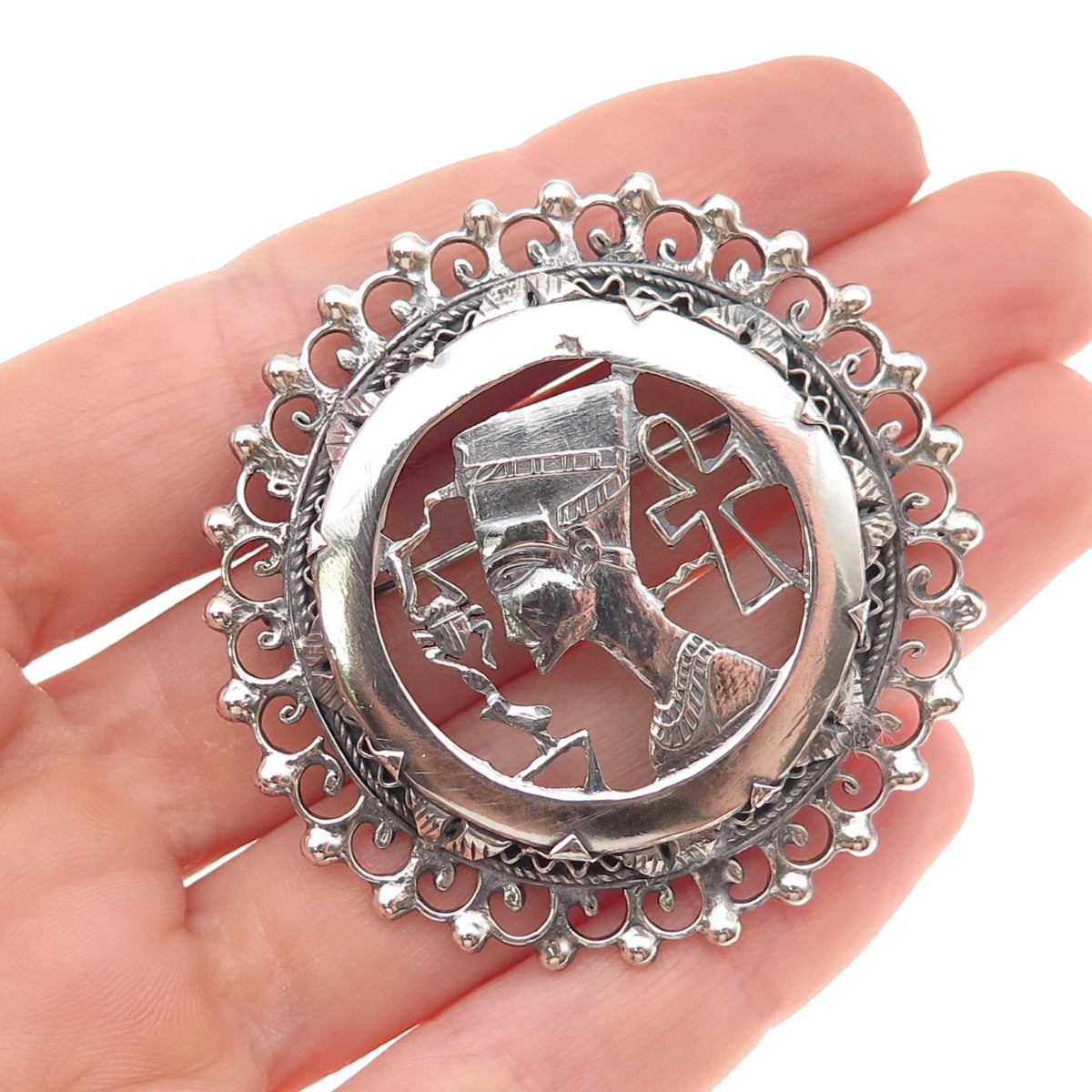 800 Silver Antique Art Deco Egyptian Nefertiti Oxidized Pin Brooch