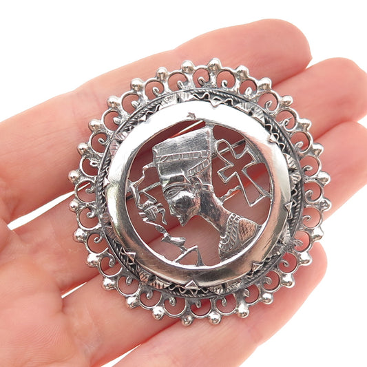 800 Silver Antique Art Deco Egyptian Nefertiti Oxidized Pin Brooch