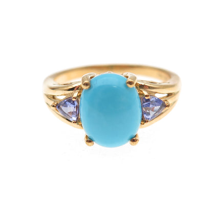 D'Joy 925 Sterling Silver Gold Plated Real Turquoise & Tanzanite Ring Size 8.25