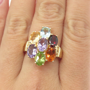 HAN Sterling Gold Plated Blue & White Topaz Amethyst Garnet Citrine Ring Size 8
