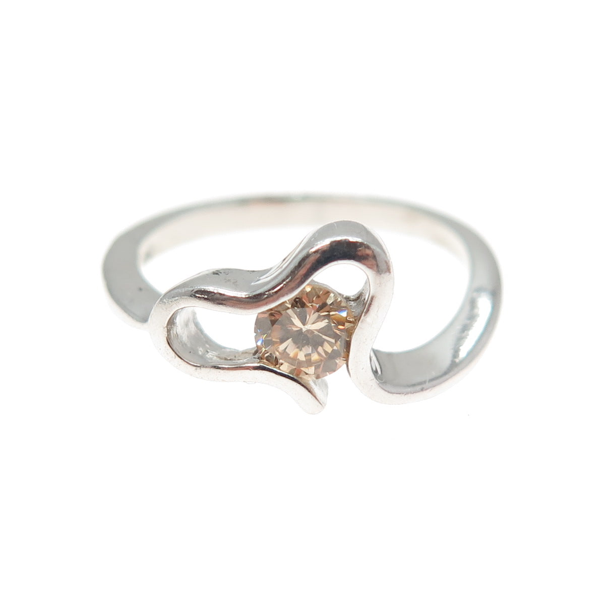 925 Sterling Silver Round-Cut Champagne C Z Modernist Heart Ring Size 7
