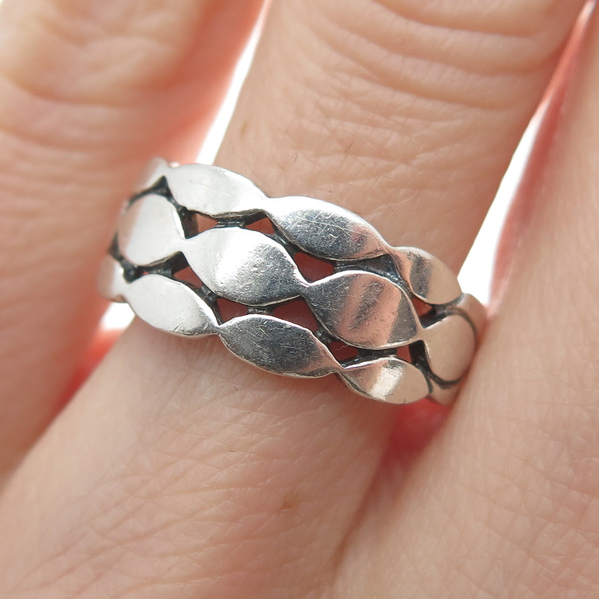 925 Sterling Silver Vintage Marquise-Cut Link Ring Size 7.25