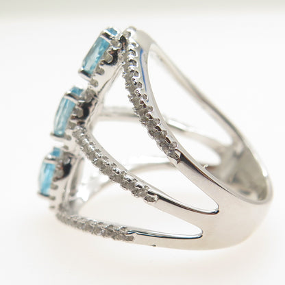 925 Sterling Silver Real Blue & White Topaz 3-Row Spine Ring Size 7.25