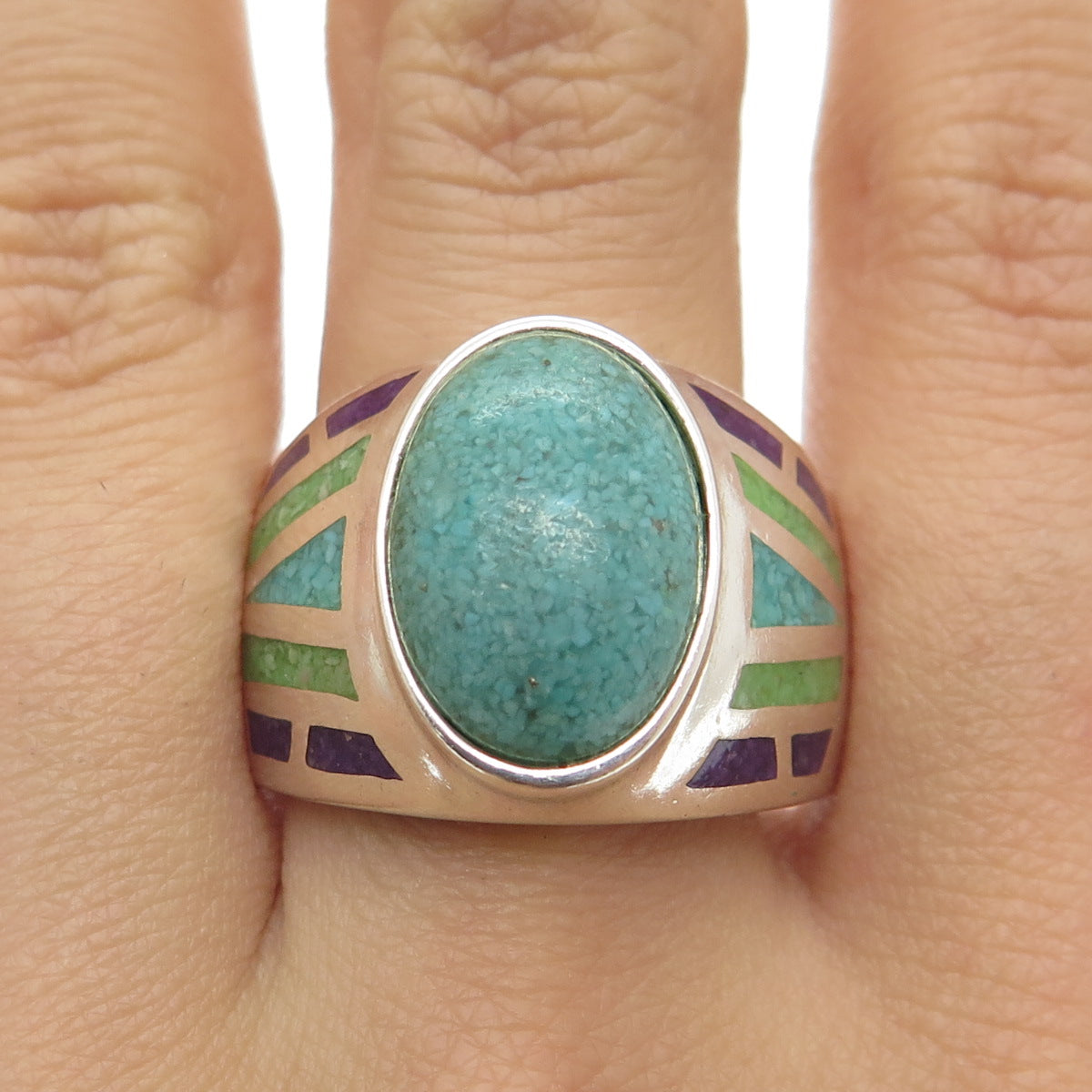 COLEMAN CO. 925 Sterling Vintage Real Turquoise & Sugilite Inlay Ring Size 10.25