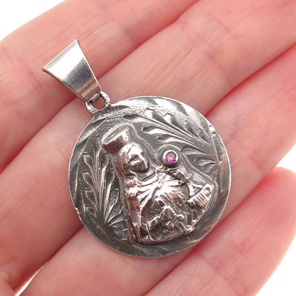 925 Sterling Silver Vintage Real Ruby Saint Barbara Oxidized Medal Pendant