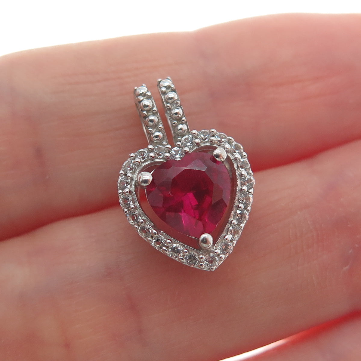 925 Sterling Silver Real White Topaz Gem & Heart-Cut Lab-Created Ruby Pendant