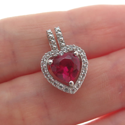 925 Sterling Silver Real White Topaz Gem & Heart-Cut Lab-Created Ruby Pendant