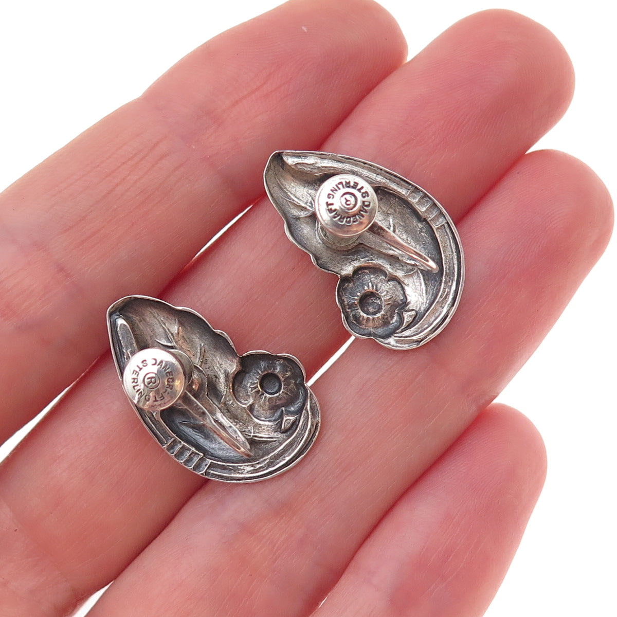 Danecraft 925 Sterling Silver Antique Art Deco Floral Screw Back Earrings